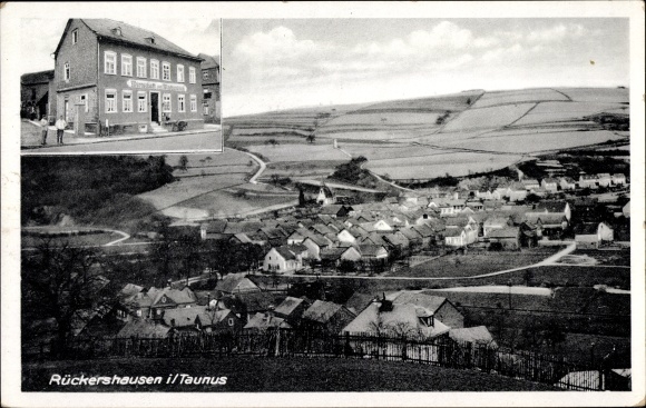 Postcard Rückershausen Aarbergen im Taunus, Inn zur Mattenbach, owner Frieda Müller, local panorama