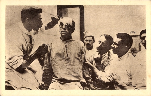 Postcard War-disabled soldier is treated, blind