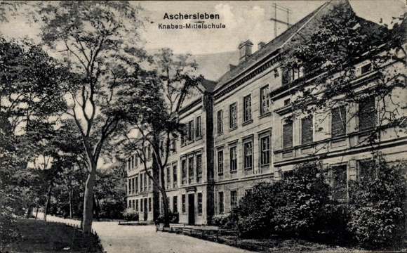 Ak Aschersleben im Salzlandkreis,  Knaben-Mittelschule, Bäume,  Architektur