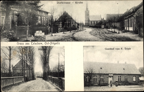 Postcard Telschow Putlitz in the Prignitz, Dorfstrasse, church, mill, inn