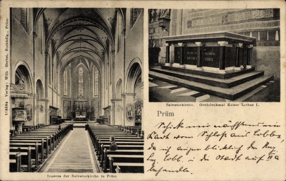 Postcard Prüm in the Eifel, Salvatorkirche, interior, grave monument of Emperor Lothar I.