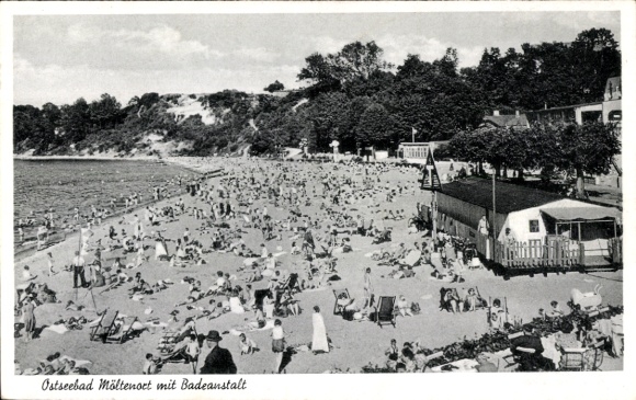 Ak Möltenort Heikendorf aan het Kieler Fjord, strand met badinrichting, talrijke zwemmers, zon...