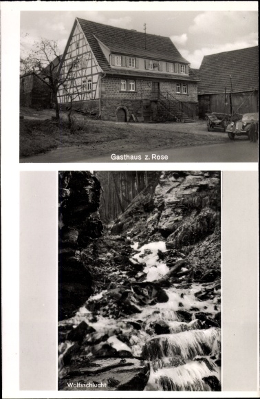 Ak Oberdielbach Waldbrunn im Odenwald, Gasthof zur Rose, Wasserfall