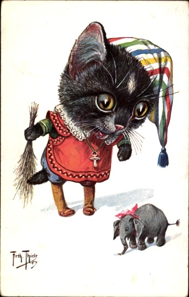 Künstler Ak Thiele, Arthur,  vermenschlichte Katze mit Reisigrute, Elefant