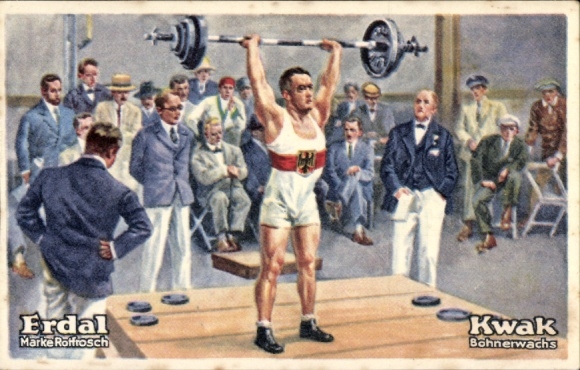 Collector's picture Erdal-Kwak series picture, Rotfrosch brand, floor wax, weight lifting, lightweight