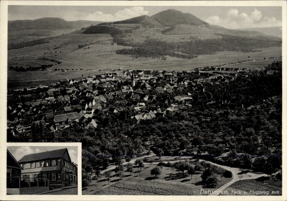 Postcard Dettingen unter Teck, aerial view of Teck, mountain landscape, building view