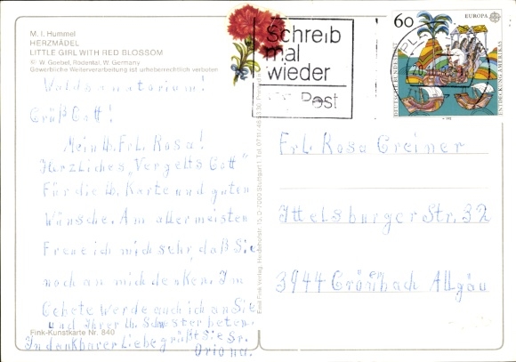 Postcard Dresden Schönfeld Weißig, MI Hummel Herzmadl, little girl with red flower
