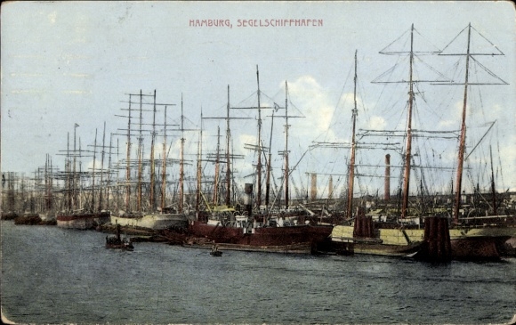 Ak Hamburg Mitte Steinwerder Kuhwerder, Hafen mit vielen Segelschiffen, Wolken, Wasser, Schiffe
