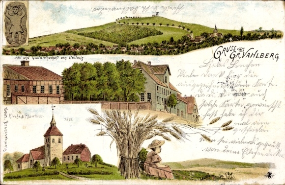 Chromo-Litho Groß Vahlberg Lower Saxony, general view, Hellwig estate, church, Pharrhaus