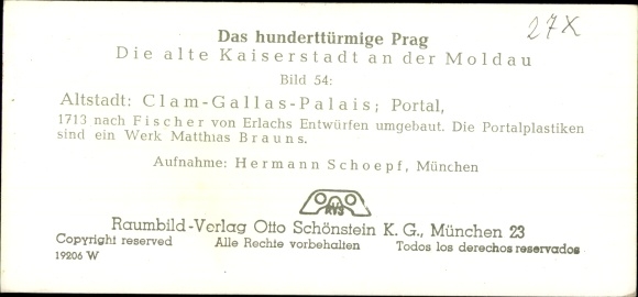 Stereofoniczny obraz przestrzenny zdjęcie Praha Praga, stare miasto, Pałac Clam Gallas, portal