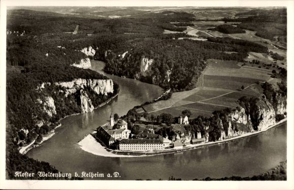 Ak Kelheim an der Donau Niederbayern, Kloster Weltenburg, Fliegeraufnahme
