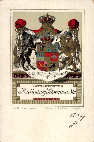 Coat of arms Chromo-Litho Grand Duchy of Mecklenburg Schwerin and Strelitz, Paul Kohl Chemnitz No. 12