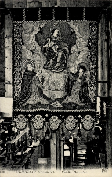 KP Guimiliau Finistère, Stary sztandar, Maryja z Dzieciątkiem, dwóch świętych, przedstawienie religijne