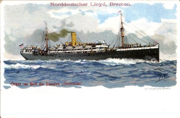 Kunstenaarslitho van Eckenbrecher, Themistocles, stoomschip Gneisenau, Noord-Duitse Lloyd Bremen