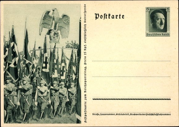 Postal stationery PC Nuremberg, Nazi Party Rally 1937, SA marches, national eagle, standard bearer