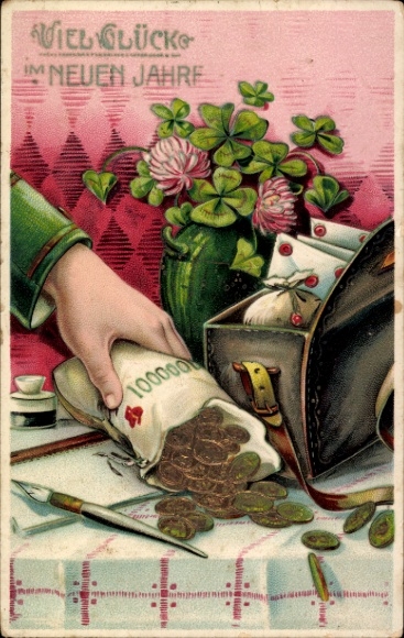 Embossed PC Happy New Year, fountain pen, coins, lucky clover