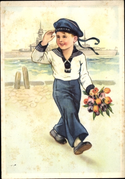 Künstler Ak Seemann mit Blumenstrauß, Matrose, Kriegsschiff