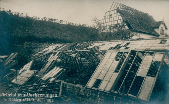 Postcard Mühlen Horb am Neckar, hurricane devastation June 4, 1913