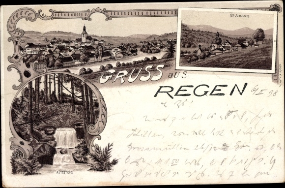 Litho Regen im Bayerischen Wald, St. Johann, Blick auf den Ort
