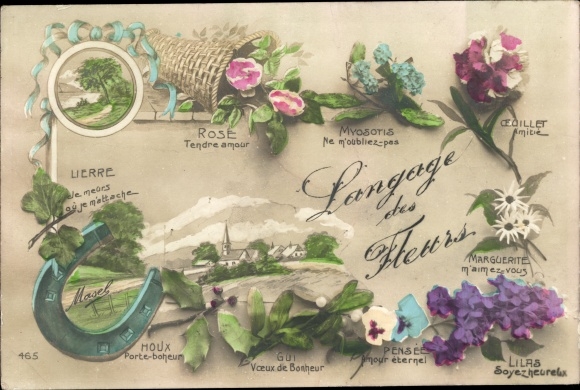 Postcard Flower Language, Rose, Myosotis, Lilac, Daisy, Pansy, Holly, Ivy