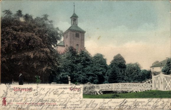 KP Uetersen w Holsztynie, kościół, most, drzewa, spokojny krajobraz, kolorowy