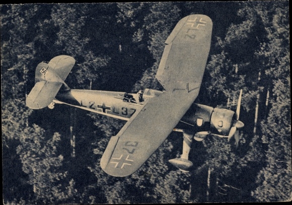 PC German fighter aircraft, close reconnaissance Henschel HS 125, low flight over enemy. nests of resistance