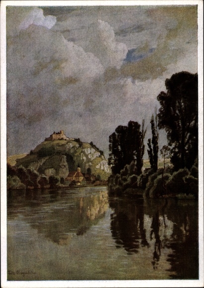 Artist PC Bayerlein, F., from Kallmünz, HDK 258, river, castle
