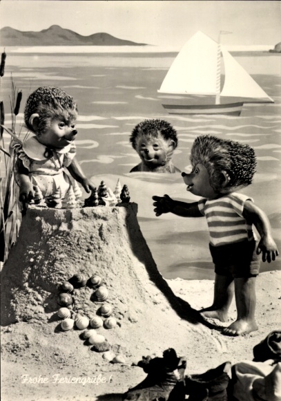 Postcard Mecki the hedgehog, happy holiday greetings, hedgehog children on the beach, sand castle