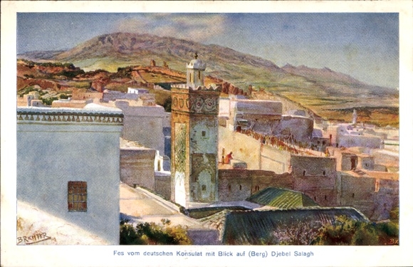Artist Postcard Richter, B., Fès Fez Morocco, view from the German consulate overlooking Mount Djebel