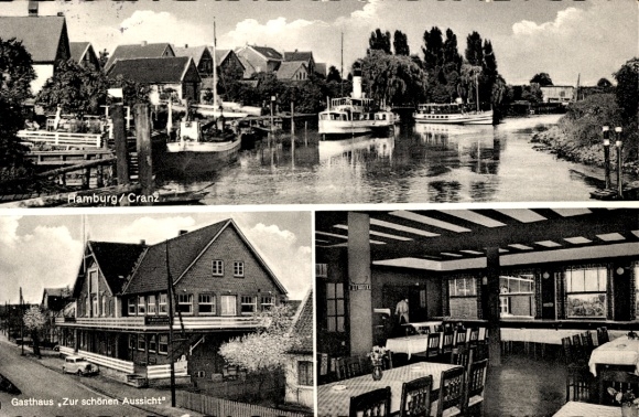 Postcard Hamburg Harburg Cranz, inn with a beautiful view, car, boats