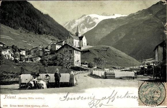 Postcard Trento Trient South Tyrol, mountain landscape, church, houses, people,