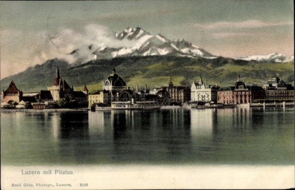 Ak Lucerne Luzern Stadt Schweiz, Luzern mit Pilatus, Berge, Wasser, Stadtansicht,  von Emil Göts