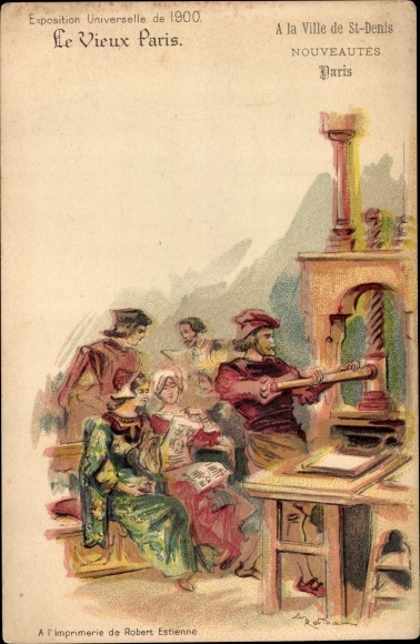 Artist Chromo-Litho Robida, A., Universal Exhibition 1900, bourgeois quarter of the Middle Ages