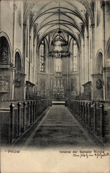 Postcard Prüm in the Eifel, Salvator Church, interior, altar, chandelier