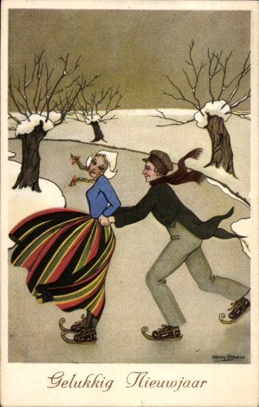 Artist Postcard Happy New Year, couple skating