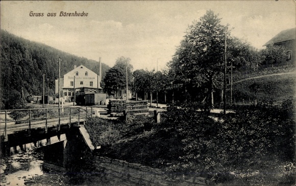 Postcard Bärenhecke Johnsbach glassworks in the Eastern Ore Mountains, partial view, bridge