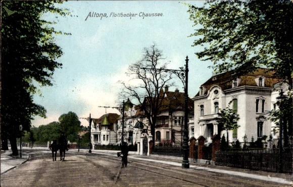Postcard Hamburg Altona Flottbek, Devil's Bridge, Flottbecker Chaussee, Villa Street, horses, lanterns
