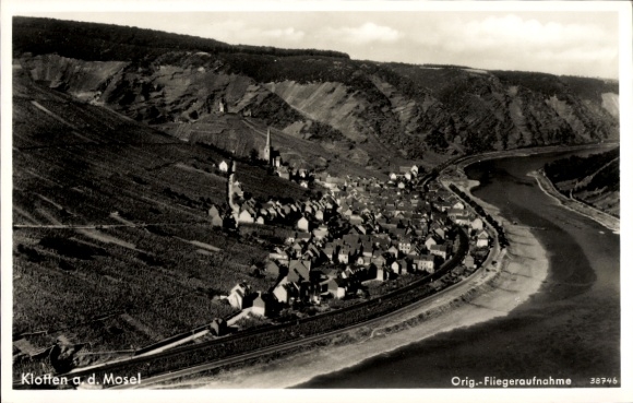 Postcard Klotten on the Mosel, black and white aerial photograph, vineyards, Mosel, small town, houses