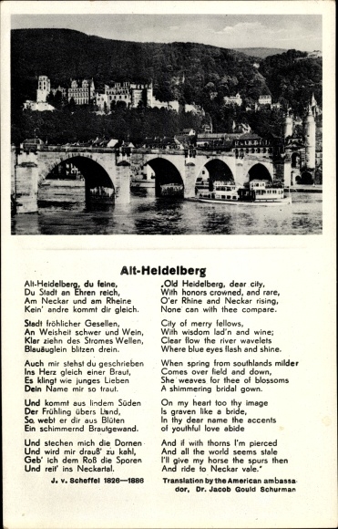Poem PC Heidelberg am Neckar, old town, bridge, poem J. v. bushel