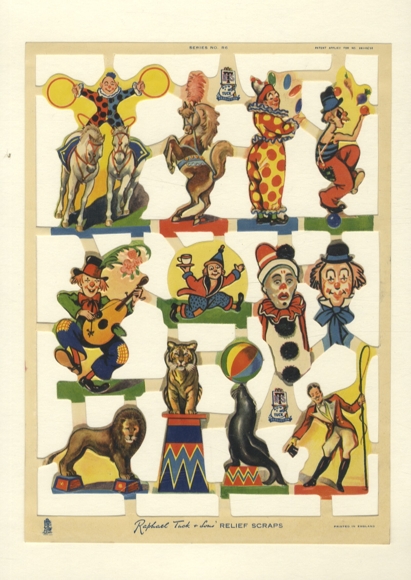 Blok waflowy kompletny, R. Tuck & Sons, zwierzęta cyrkowe, teury katedralne, klauni, ok. 24,5 x 18 cm