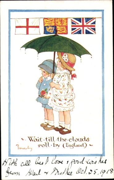 Artist Postcard Sowerby, Wait till the clouds roll by, England, costumes, national flag