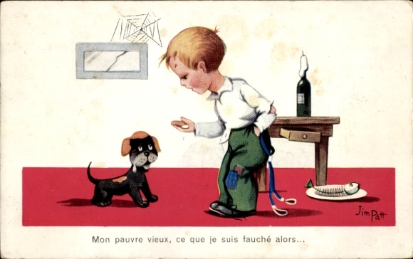 Artist Postcard Patt, Jim, Mon pauvre vieux, child, dog, spider web