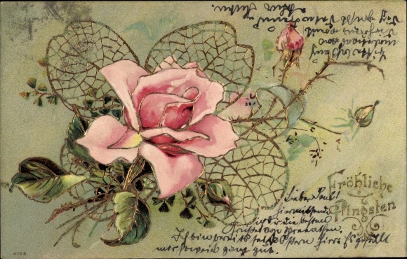 Embossed Glitter Chromo-Litho Happy Pentecost, Blooming Rose
