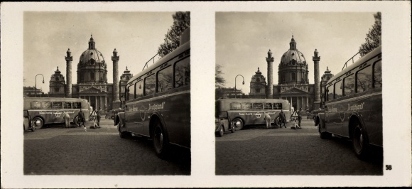 Stereo Raumbild Foto "Großdeutschlands Wiedergeburt", Nr. 58, Wien 4 Wieden, Karlskirche, Autobusse