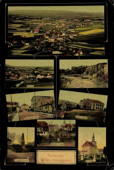 Ansichtkaart Mittelherwigsdorf in Oberlausitz, schijf, steengroeve, school, kerk, oorlogsmonument, lindeboom