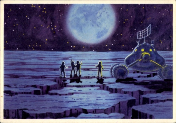 Artist Postcard Sokolov, A., Leonow, A., Soviet space flight, cosmonauts, lunar rover