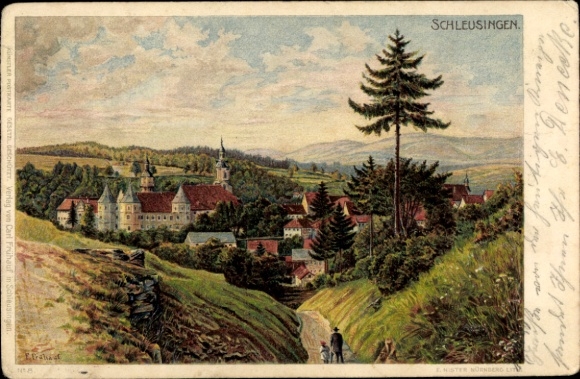 KP Schleusingen w Turyngii, krajobraz z górami, widokiem na miasto, drzewami, ścieżką