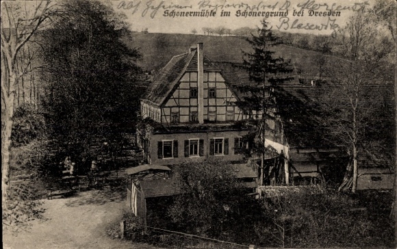 Ansichtkaart Dresden Gompitz Ockerwitz, Schonergrund, Schonermühle