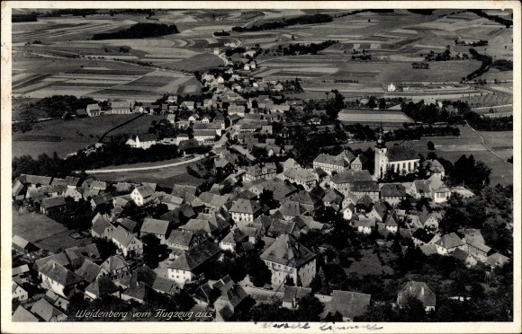 PC Weidenberg district of Bayreuth in Upper Franconia, total view of the village, church, aerial photo