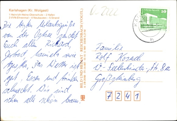 Postcard Karl Hagen on Usedom, Heinrich Heine High School, port, VVN memorial, new buildings, beach